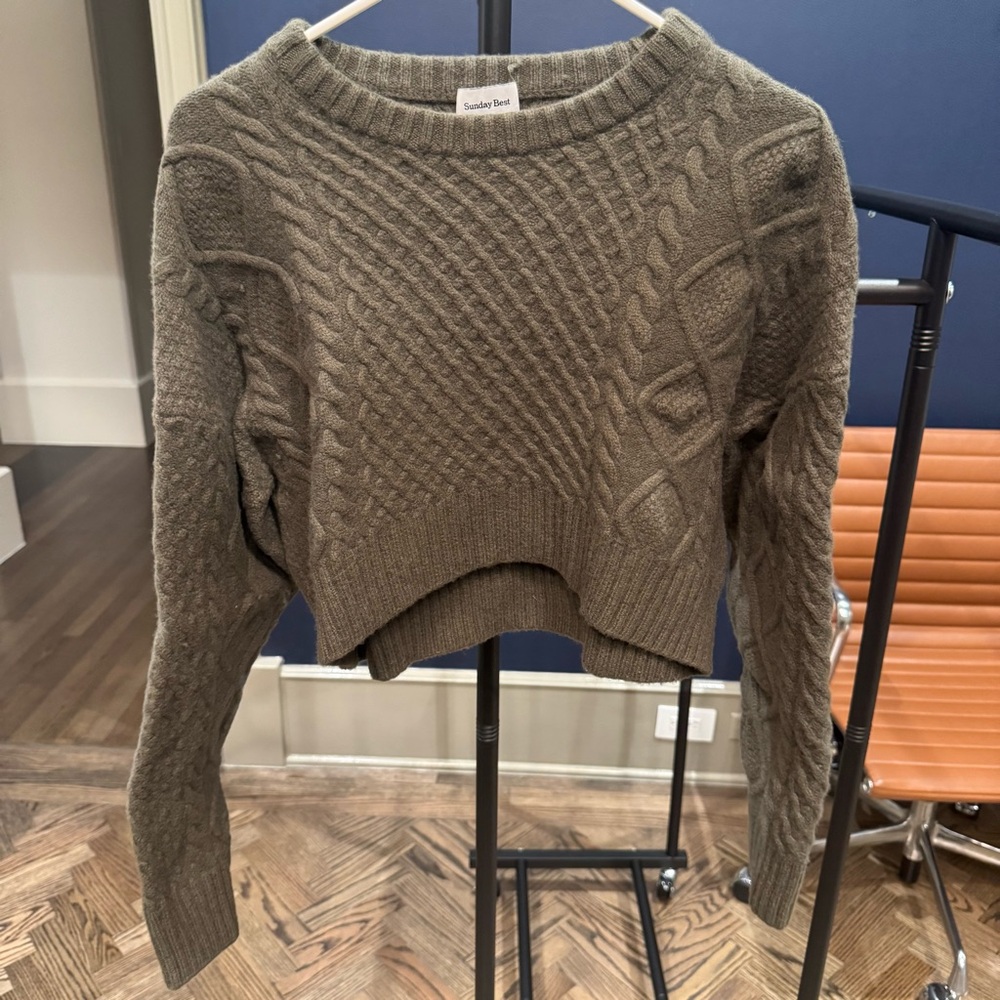 Sunday Best Olive Cable-Knit Cropped Crew Sweater